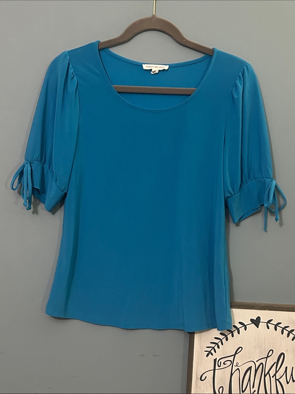 PerSeption Concept Teal Short Sleeve Scoop Neck Blouse with Tie Cuffs